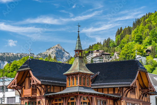 Switzerland, Engelberg buildings and Alps view 