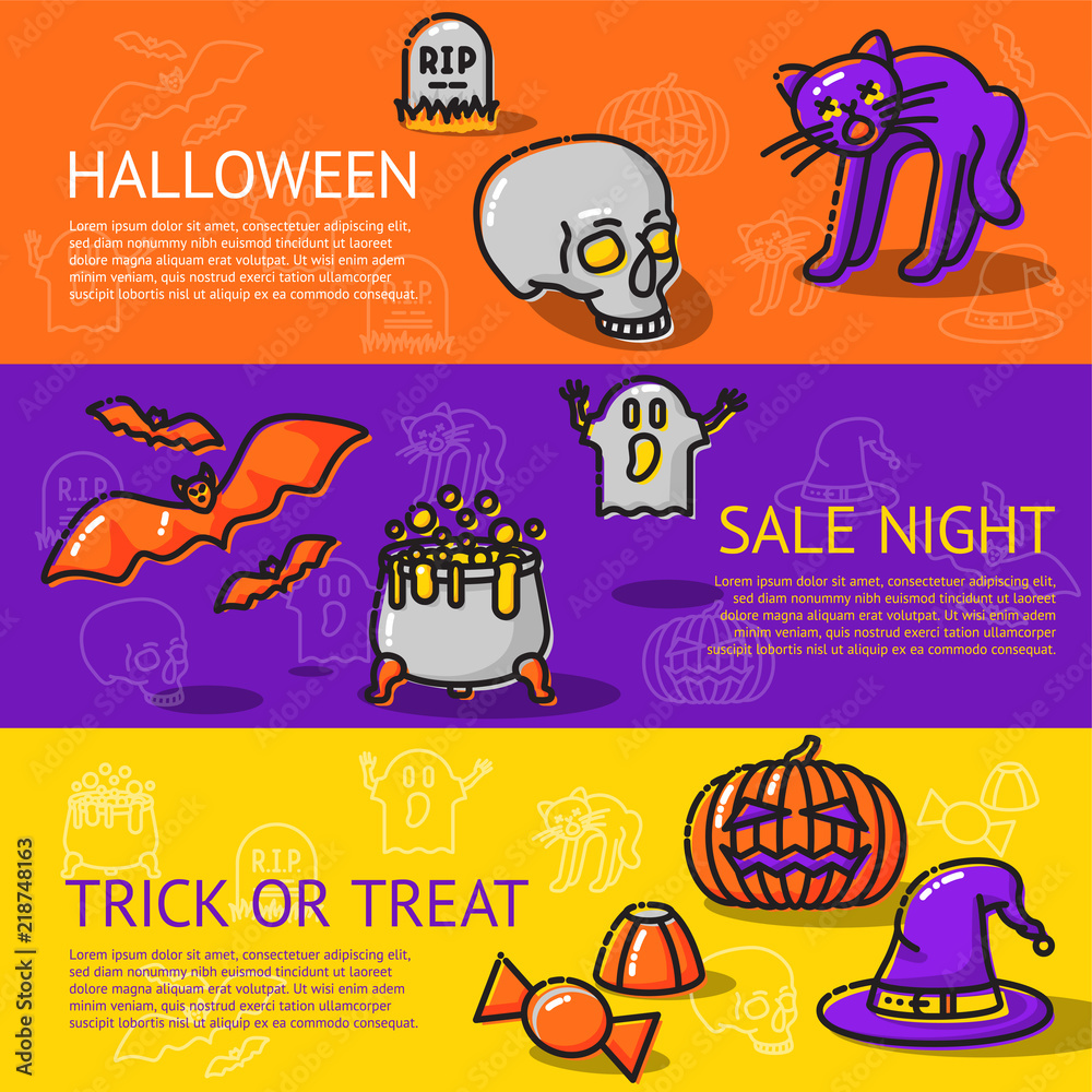 Set of linear Halloween banners - with cat, bats, skull, cemetery, tombstone, cauldron, ghost, witch hat, pumpkin, candies. Vector