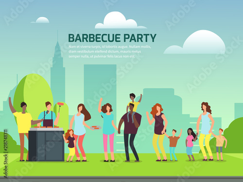 Barbeque party design. Cartoon character families in park vector illustration