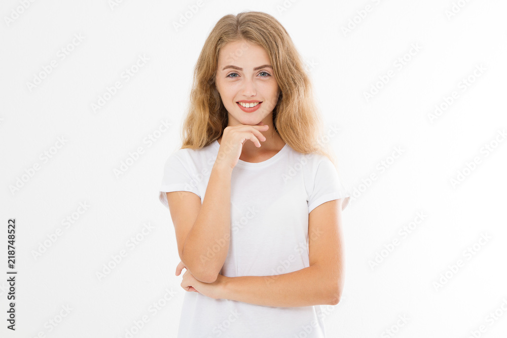 Portrait of caucasian blonde young woman with health hair and good skin isolated on white background. Copy space. Skincare and makeup concept. Portrait of caucasian blonde young woman with health hair and good skin isolated on white background. Copy space. Skincare and makeup concept.