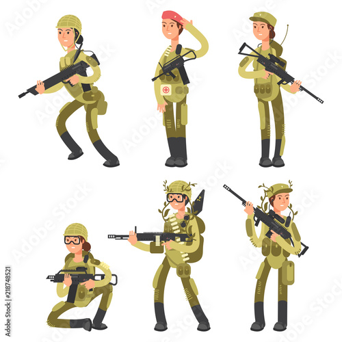 Cartoon characters female soldiers in various actions vector set