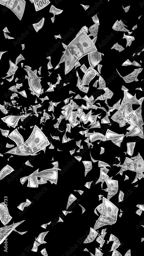 Fototapeta premium Flying dollars banknotes isolated on dark background. Money is flying in the air. 100 US banknotes new sample. Black and white style. 3D illustration