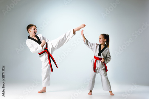 Quadro su tela The studio shot of group of kids training karate martial arts on gray backlgroun