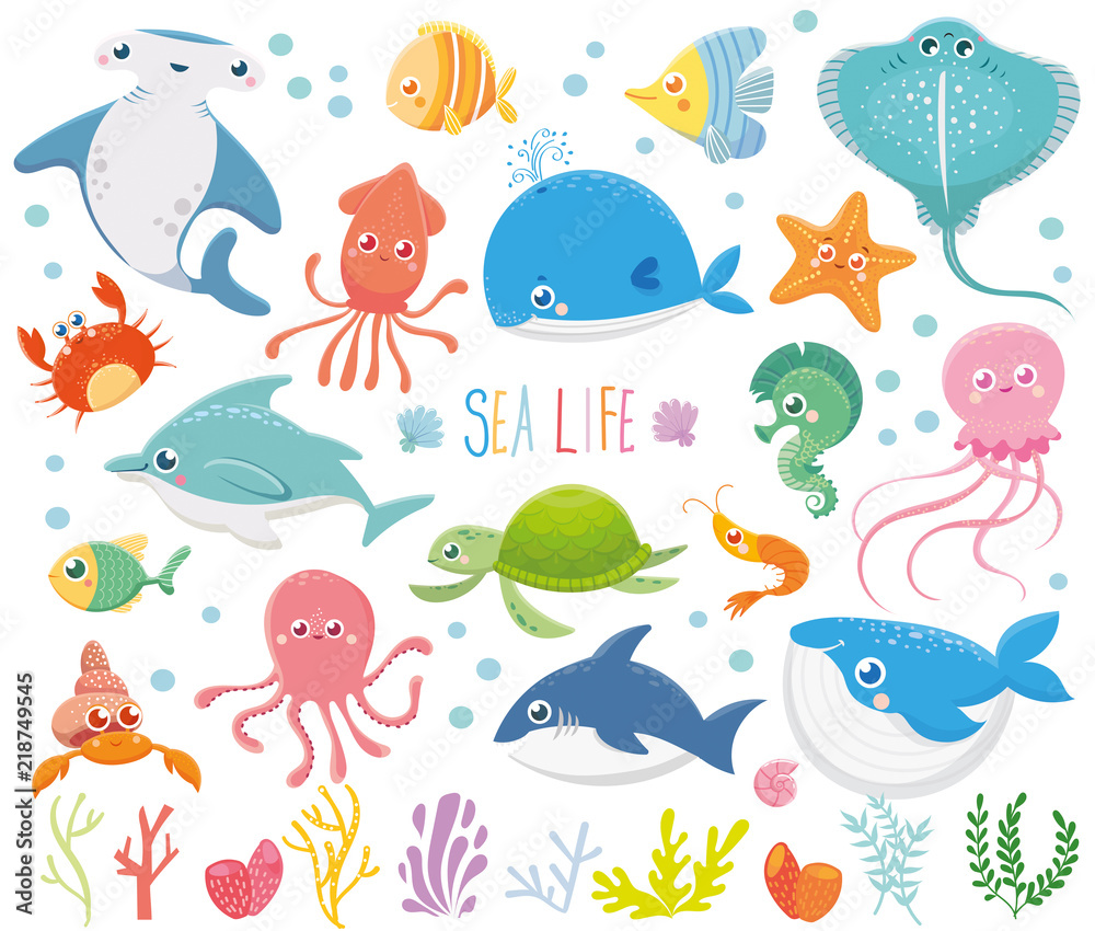 Set with funny sea animals. Marine life. Ocean wildlife. Cute   collection Stock Vector | Adobe Stock
