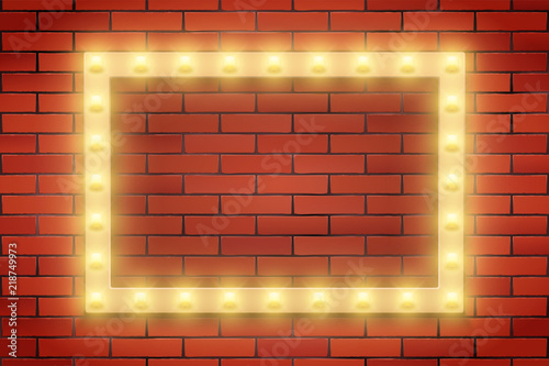 Frame of Retro light bulb on brick wall. Rectangle frame and Volumetric light. Advertising design of signboard. Vector Illustration