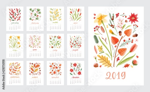 Calendar for 2019 year. Set of page templates with months decorated with beautiful flowers and seasonal plants on white background. Colorful decorative floral vector illustration in modern style.
