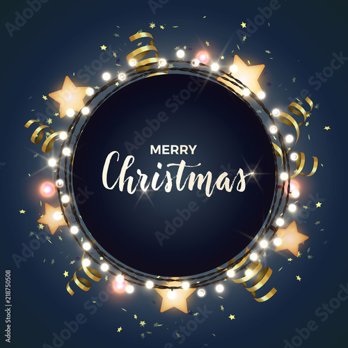 Round Christmas design with light bulb garland  gold foil serpentine  glitter and glowing stars on dark backround. Vector illustration. Template for banner  card or flyer.