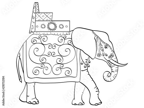 isolated object coloring, black lines, white background, Elephant in India, a sacred animal, decorations for a holiday. Vector