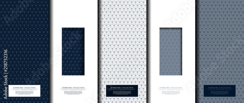 Symmetric collection abstract pattern hexagonal geometic navy blue background card template vector