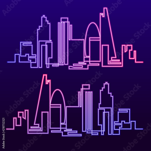 Continuous Line Drawing of Vector skyline the night city of neon glow is burning. One line style fluorescent London cityscape. Simple modern minimalistic style metropolis