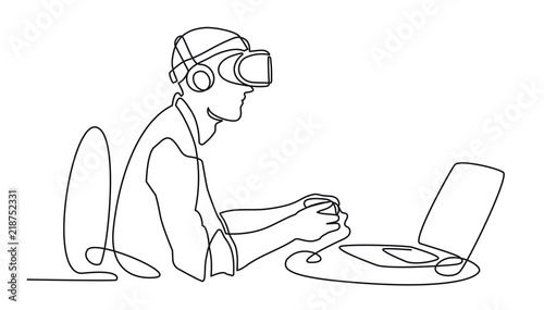 Continuous one line drawing Man in glasses device virtual reality working behind computer, VR Headset Icon vector simple outline illustration