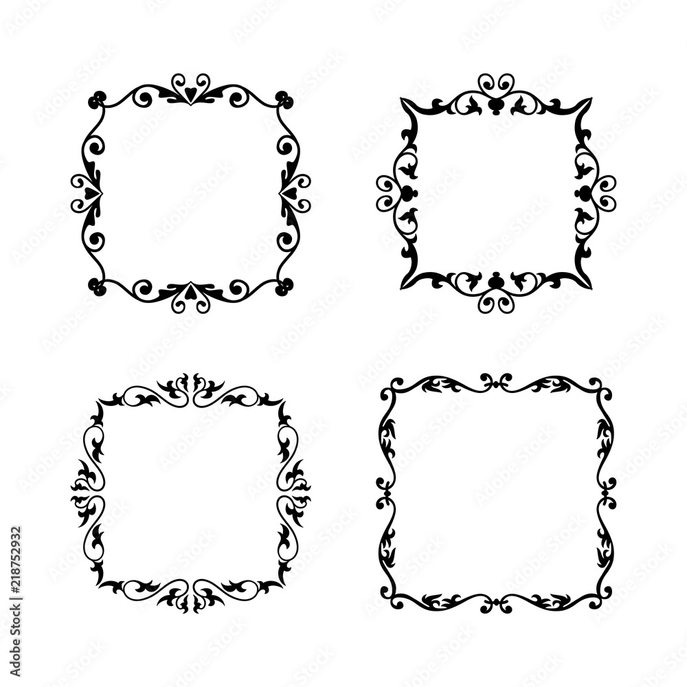 Hand drawn divider and corner set vintage style. Traced by hand from own sketch. Collection black floral decorative element