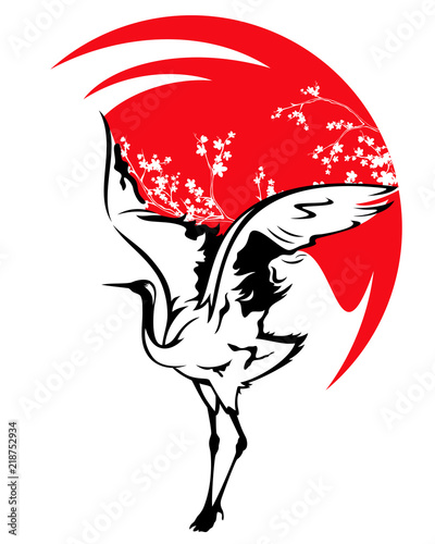 japanese crane bird with red sun and cherry tree branches vector design