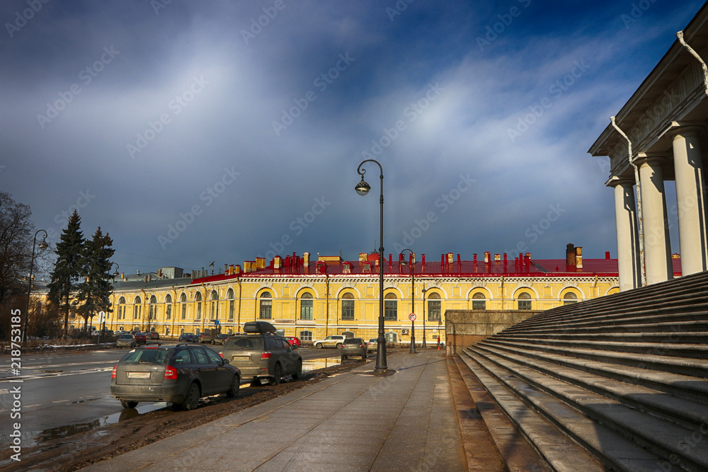 Exchange Building (Zdanie Birzhy), Exchange Square (Birzhevaya Ploshchad) and Birzhevoy Proezd  in March on Vasilyevsky Island, St Petersburg, Russia