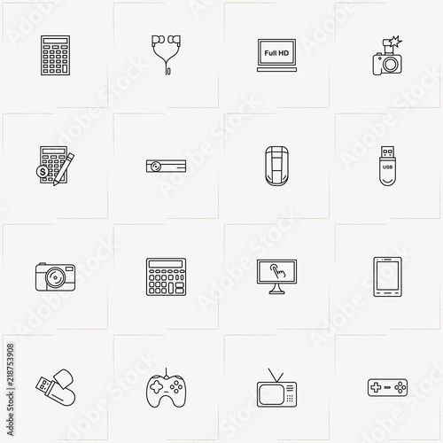 Gadgets line icon set with smart phone, earphones and television