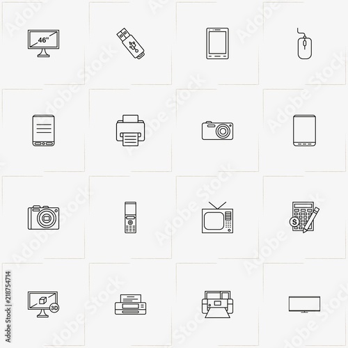 Gadgets line icon set with calculator, smart phone and photo camera