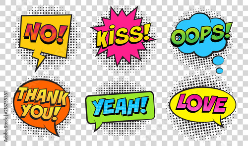 Retro comic speech bubbles set on transparent background. Expression text NO, KISS, OOPS, YEAH, LOVE, THANK YOU. Vector illustration, vintage design, pop art style.