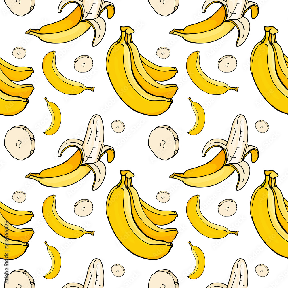 Seamless pattern with bananas. Bright ripe bananas whole and pieces on white background. Colorful vector illustration in sketch style.