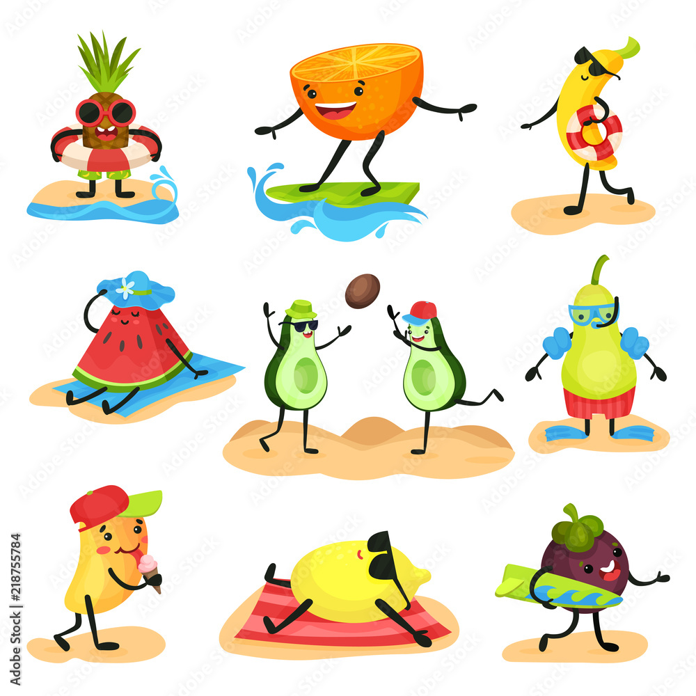 Fototapeta premium Tropical humanized fruit characters spending time on the beach set, fruits relaxing, swimming, sunbathing, playing during summer holidays vector Illustrations