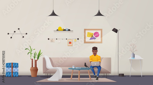 Living room interior. Modern apartment scandinavian or loft design. Cartoon vector illustration