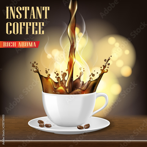 Aroma black Arabica coffee cup and beans ads design. 3d illustration of hot coffee mug Product on blurred background. Vector