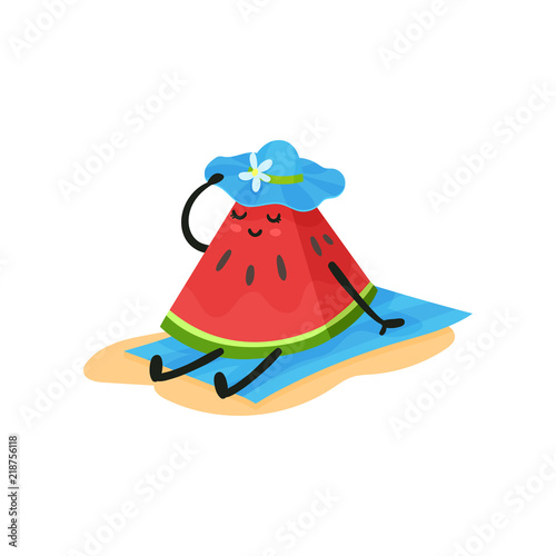 Funny watermelon sitting on the beach in blue hat, humanized fruit character spending time on the beach in summer holidays vector Illustration on a white background