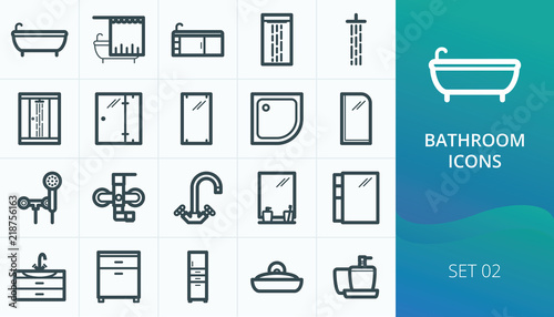 Bathroom and sanitary icons set. Set of bath, shower cabin, faucets, bathroom furniture icons