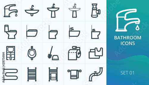 Bathroom and restroom icons, sanitary icons set. Set of faucet, sink, toilet bowl, bidet, washbasin,  towel warmer