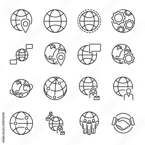 Globalization concept icons collection with various globe shapes and people connection symbols. Monoline simple vector icons set. World wide people communication and cooperation.