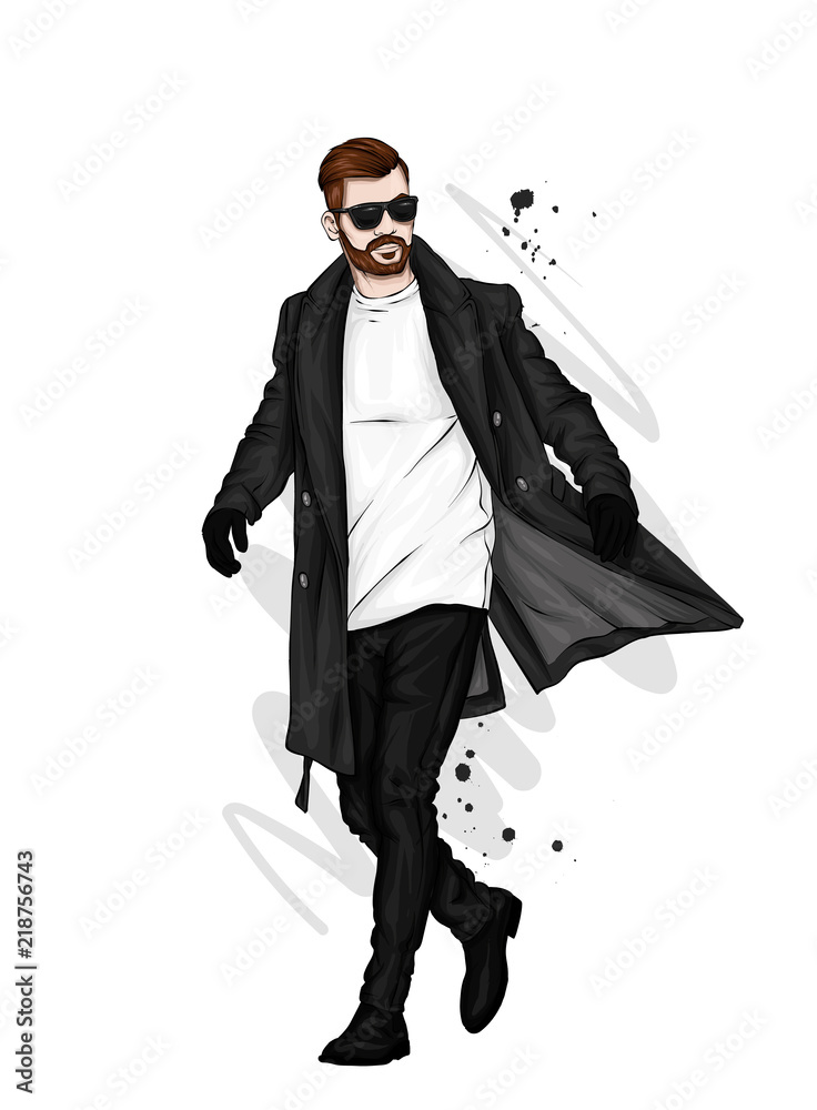 A handsome man in a long coat, trousers, shoes and glasses. Fashionable look. Vector illustration for a postcard or a poster, print for clothes. Fashion & Style.