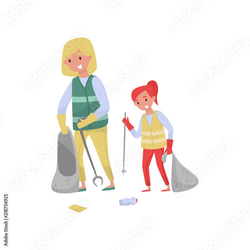 Mother and her dughter in vests gathering garbage and plastic waste for recycling, environmental protection and education concept vector Illustration on a white background