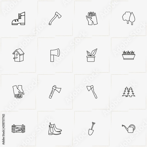 Gardening line icon set with fence, birdhouse and watering can