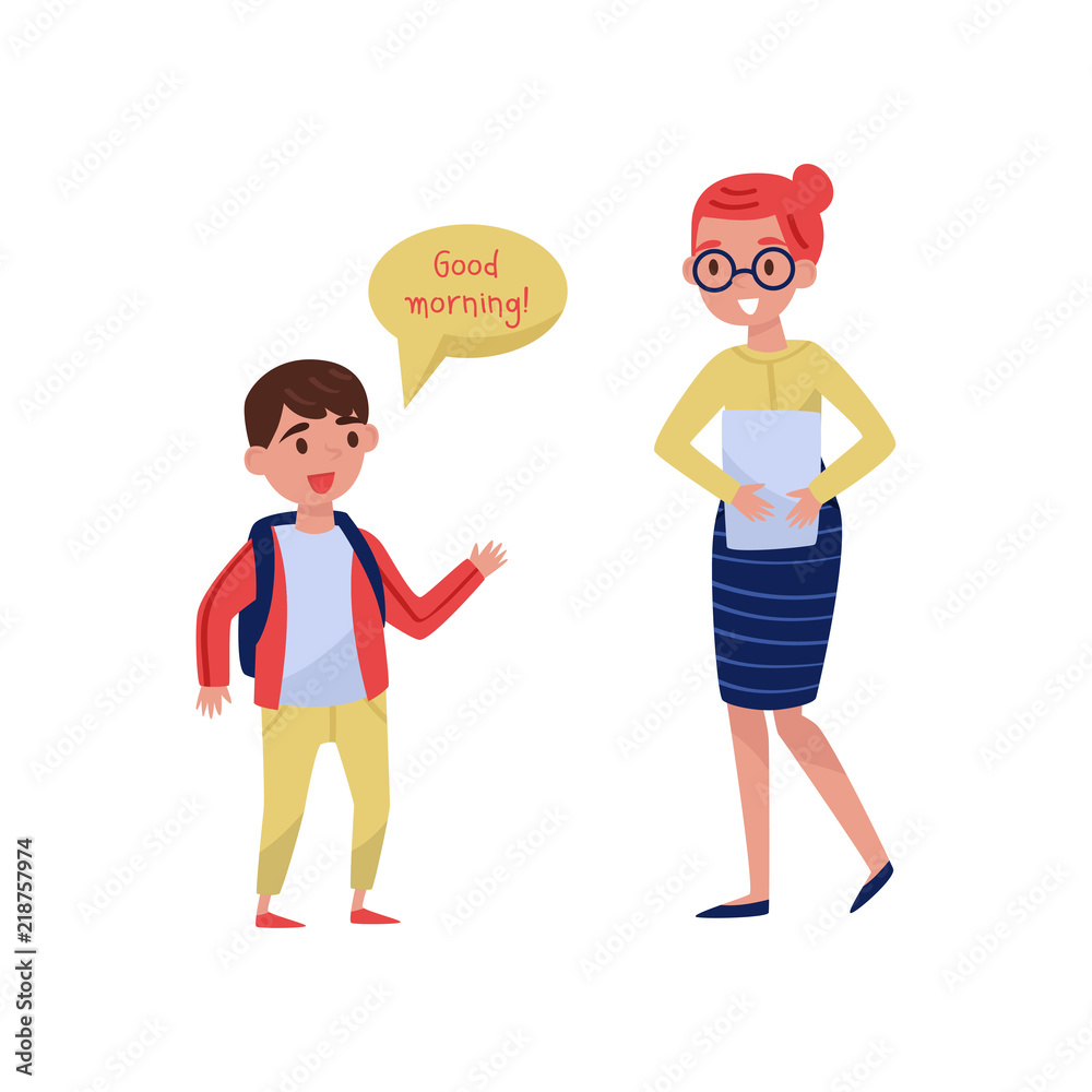 Cheerful school boy saying Good morning to his teacher. Good manners. Kid with backpack and woman with paper. Flat vector design