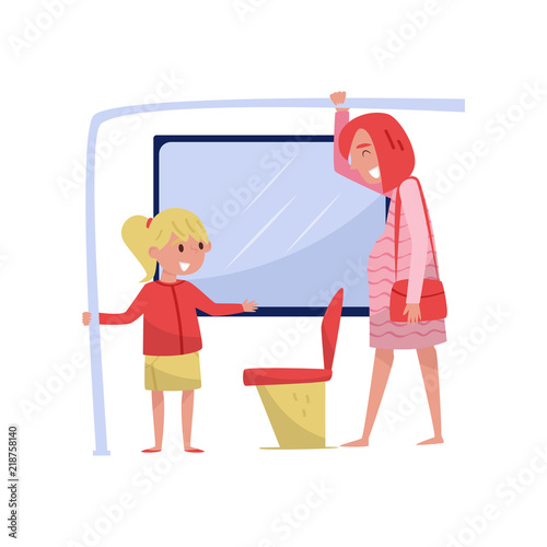 Cute little girl on the bus gives way seat to young pregnant woman. Child with good manners. Flat vector design