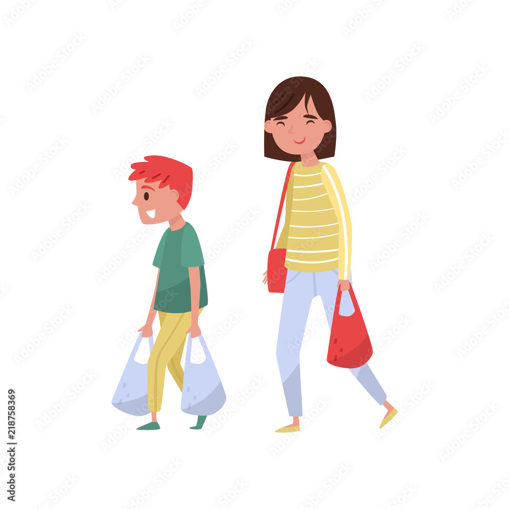 Kid helping his mother carry shopping bags. Polite boy and young woman. Child with good manners. Flat vector design Kid helping his mother carry shopping bags. Polite boy and young woman. Child with good manners. Flat vector design