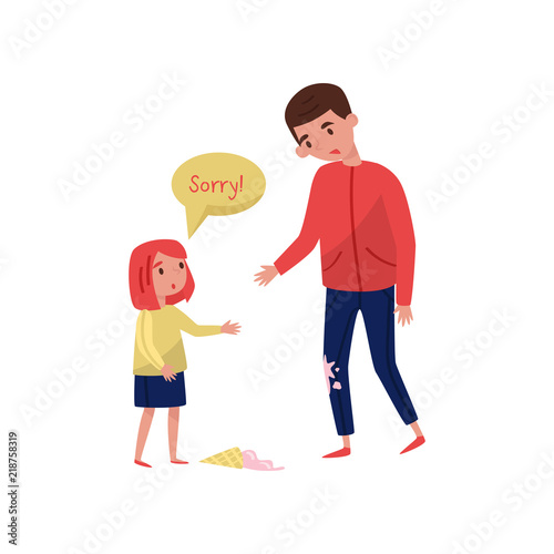 Polite little girl apologizing to young guy for soiled jeans, ice-cream laying on the floor. Child with good manners. Flat vector