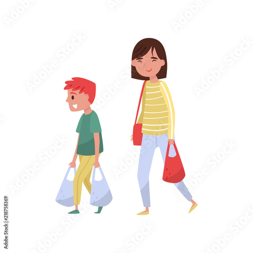 Kid helping his mother carry shopping bags. Polite boy and young woman. Child with good manners. Flat vector design