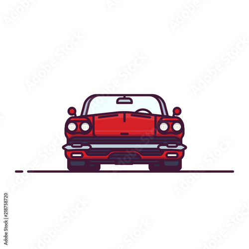 Front view of red muscle sport car with convertible hood. Cabriolet old style vehicle. Line style vector illustration. Vehicle and transport banner. Retro style old car from 60s.