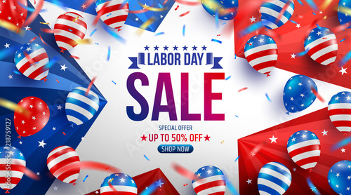 Labor Day Sale poster template.USA labor day celebration with American balloons flag,star and tools.Sale promotion advertising banner template for USA Labor Day Brochures,Poster or Banner