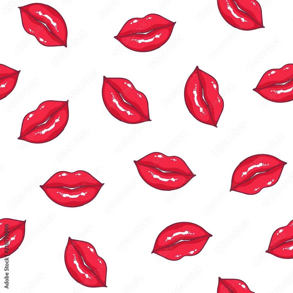 Fototapeta premium Seamless pattern with sexy female lips on white background. Backdrop with sexy smiling mouths. Texture with symbols of passion. Bright colored vector illustration for fabric print, wrapping paper.