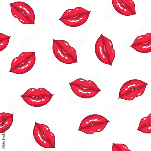 Seamless pattern with sexy female lips on white background. Backdrop with sexy smiling mouths. Texture with symbols of passion. Bright colored vector illustration for fabric print, wrapping paper.