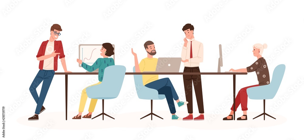 Men and women sitting at desk and standing in modern office, working at computers and talking with colleagues. Effective and productive teamwork. Colorful vector illustration in flat cartoon style.