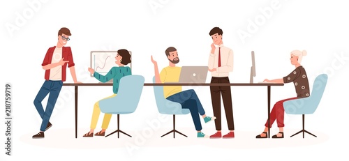 Men and women sitting at desk and standing in modern office, working at computers and talking with colleagues. Effective and productive teamwork. Colorful vector illustration in flat cartoon style.