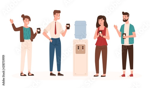 Office workers or colleagues standing near water cooler or dispenser, drinking and chatting. Smiling male and female clerks talking during coffee break. Vector illustration in flat cartoon style.
