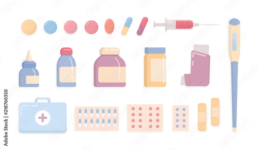 Bundle of medical tools and medicines isolated on white background - first aid kit, inhaler, pills in blisters, syringe, thermometer, patches, nasal spray. Flat cartoon colorful vector illustration. Bundle of medical tools and medicines isolated on white background - first aid kit, inhaler, pills in blisters, syringe, thermometer, patches, nasal spray. Flat cartoon colorful vector illustration.