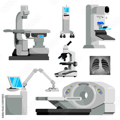 Cancer diagnosis medical equipment flat set,vector illustration.Diagnostic,healthcare treatment,scanning Machines for oncology,mammology hospital or clinic-tomograph,microscope,x-ray,CT,MRI devices