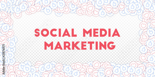 Social media icons. Social media marketing concept. Falling scattered thumbs up hearts. Wide scatter