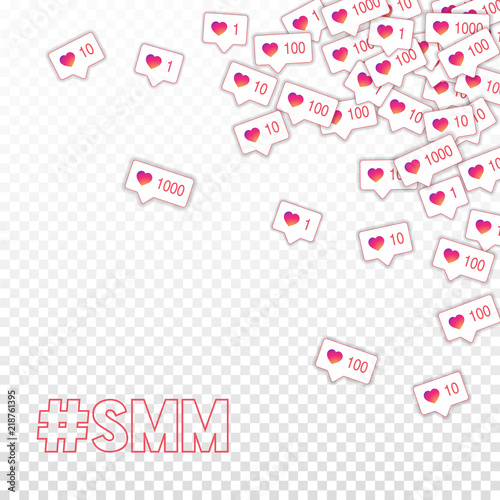 Social media icons. Social media marketing concept. Falling gradient like counter. Scattered top rig