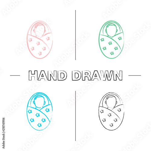 Swaddled baby hand drawn icons set