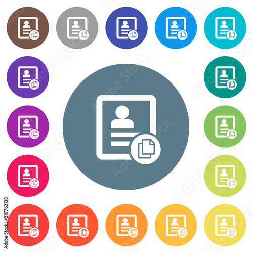 Copy contact flat white icons on round color backgrounds